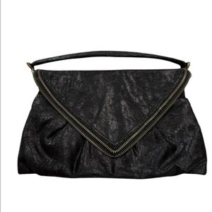 Matt&Nat Black Vegan Large Enveloppe Clutch Zipper Trim Shoulder Satchel handBag